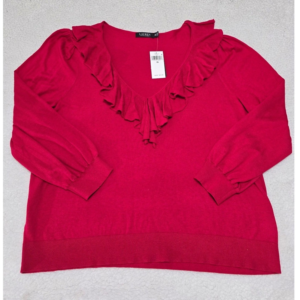 Lauren Ralph Lauren Red Ruffle V-Neck Puff Sleeve Sweater 3X NWT 202889 - Picture 7 of 8